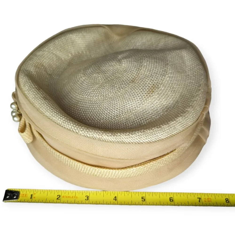 Vintage Ivory Pill Box Hat with Faux Pearl Accent - Picture 9 of 11